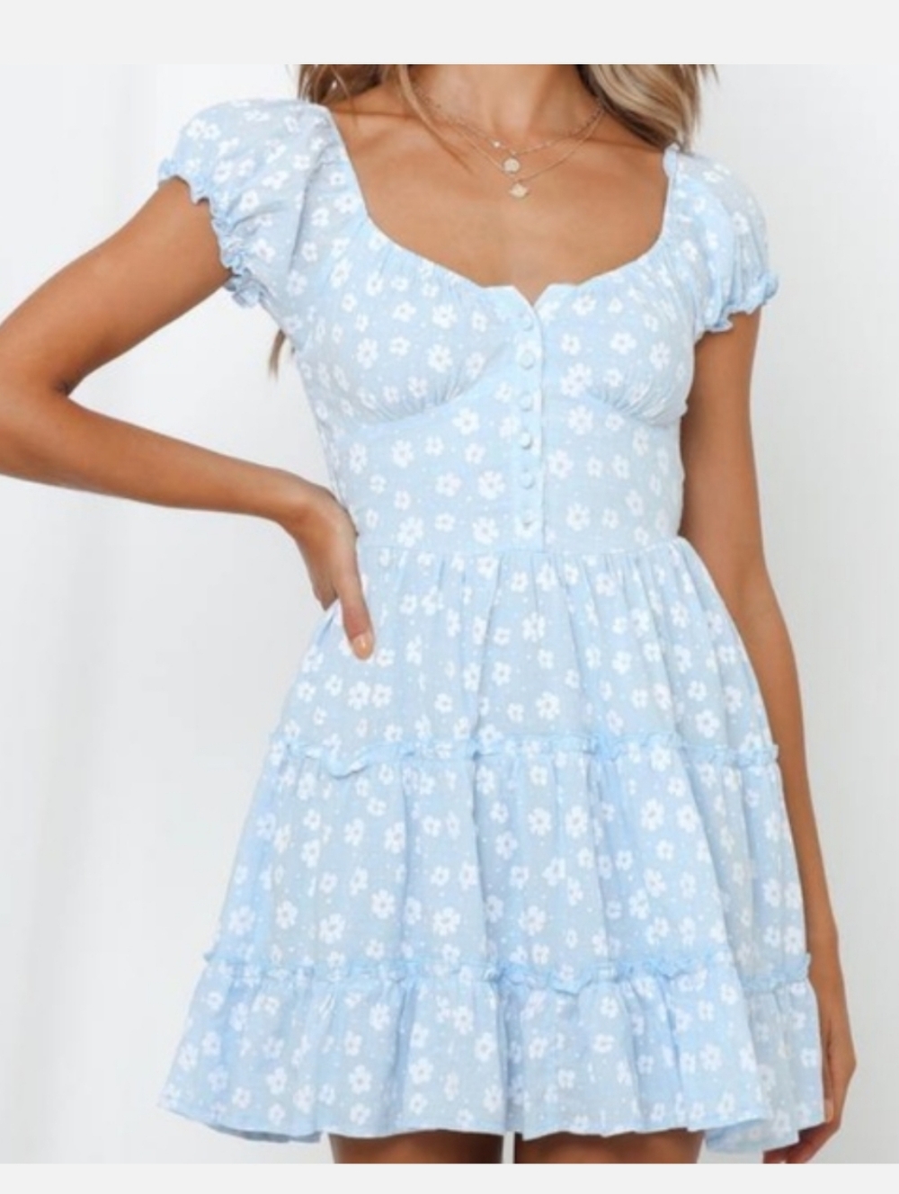Hello Molly Floral Tiered Puff Sleeve Mini Dress Size M